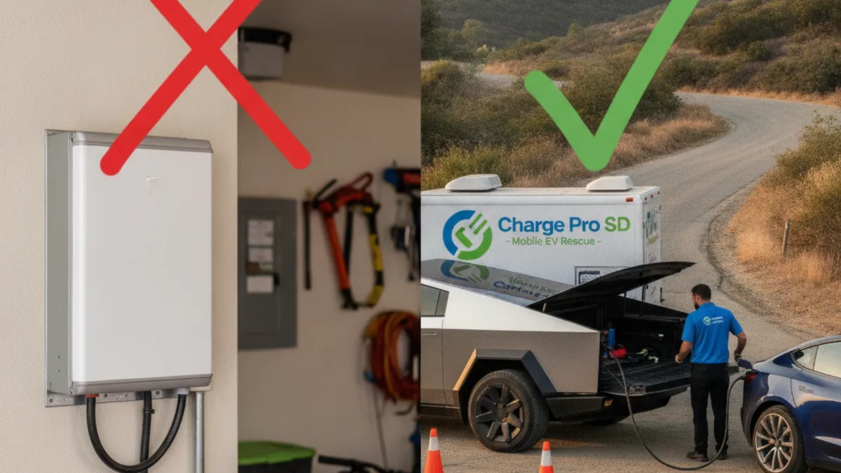Split photo of a wall-mounted home battery marked with a red X, and a mobile charging truck at a stranded EV with a green check