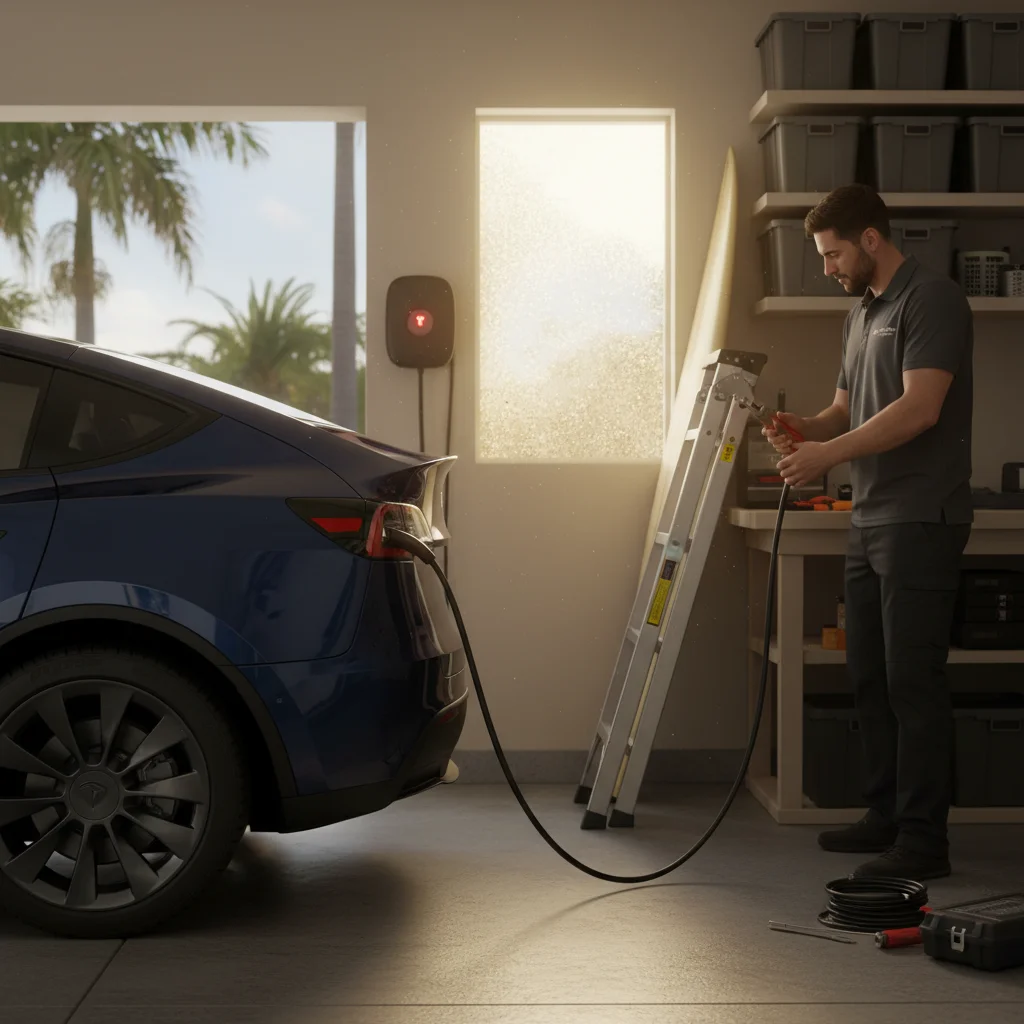 Wall-mounted Level 2 charger in a garage showing a fault light, still plugged into an EV