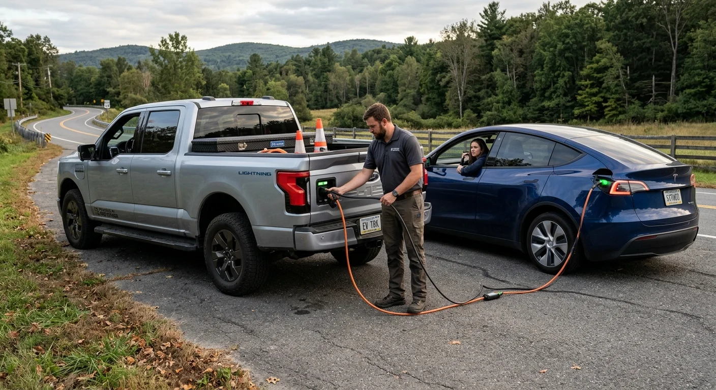 A Ford F-150 Lightning plugged into a public DC fast charger in a sunny parking lot