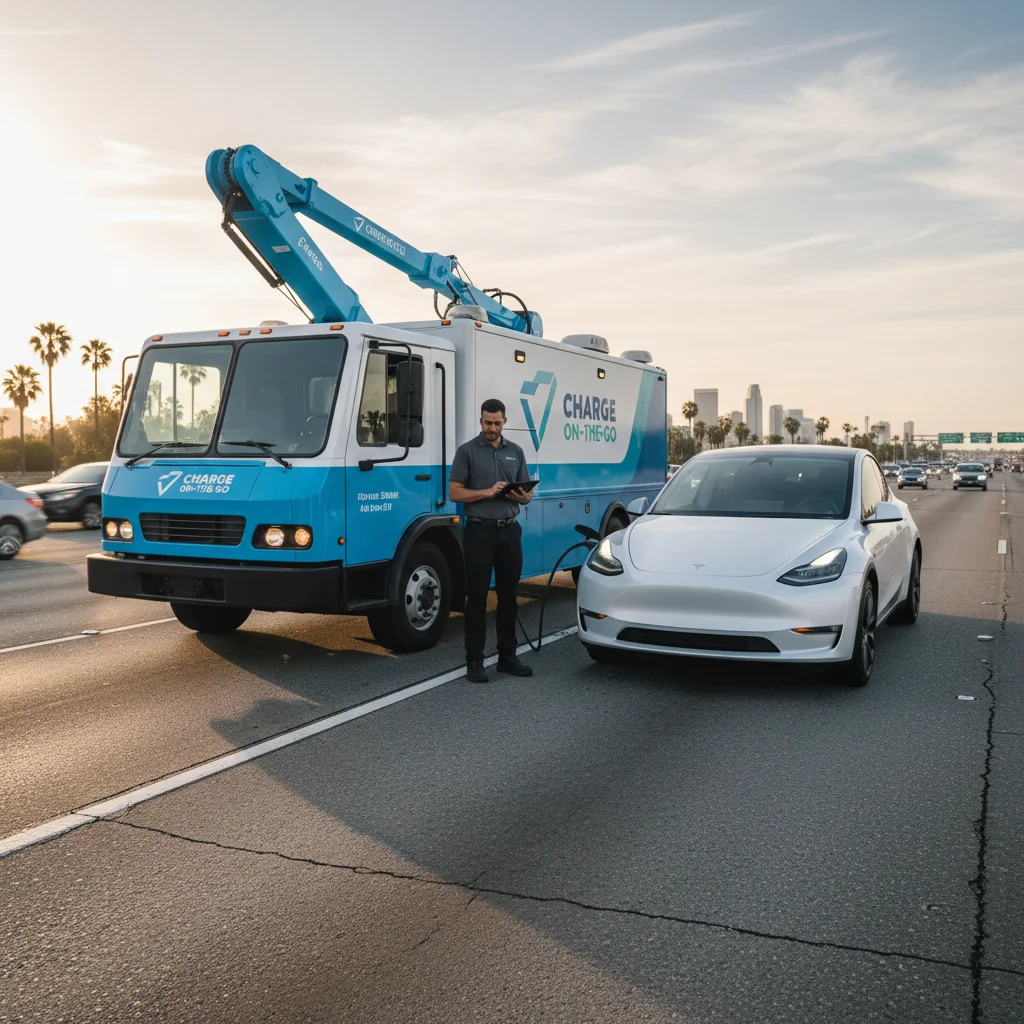 A mobile charging van hooked to an EV on a Southern California freeway shoulder, with safety cones along the pavement