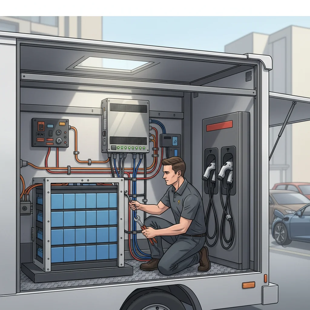 Portable 240-volt charging gear and a cable running to an EV on a wide inland shoulder