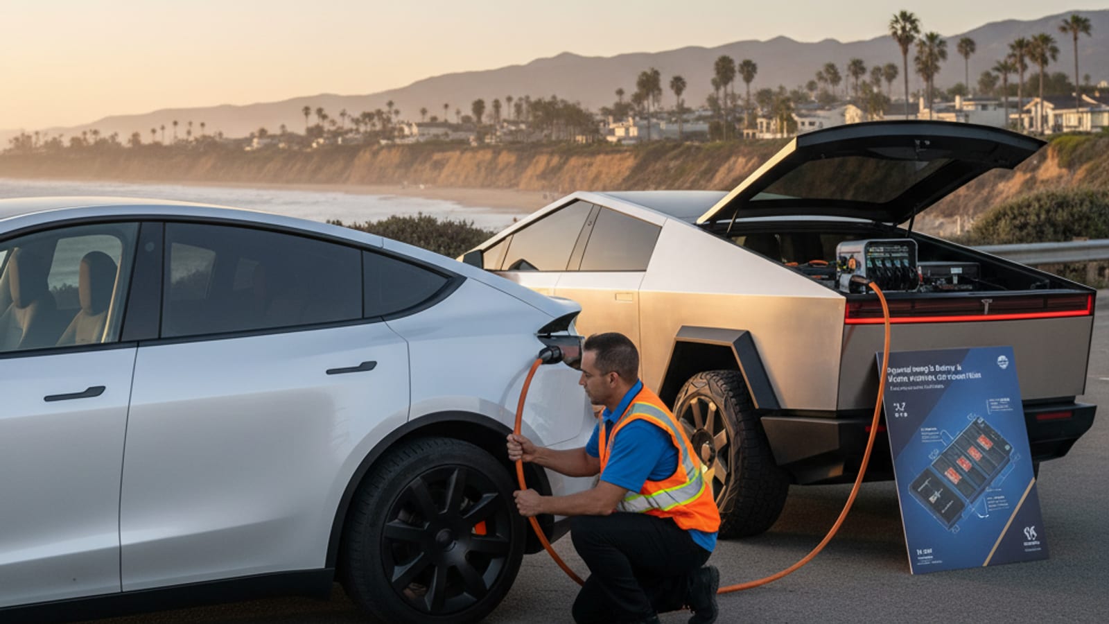 Electric crossover parked on a dry Southern California shoulder with brown hills behind it