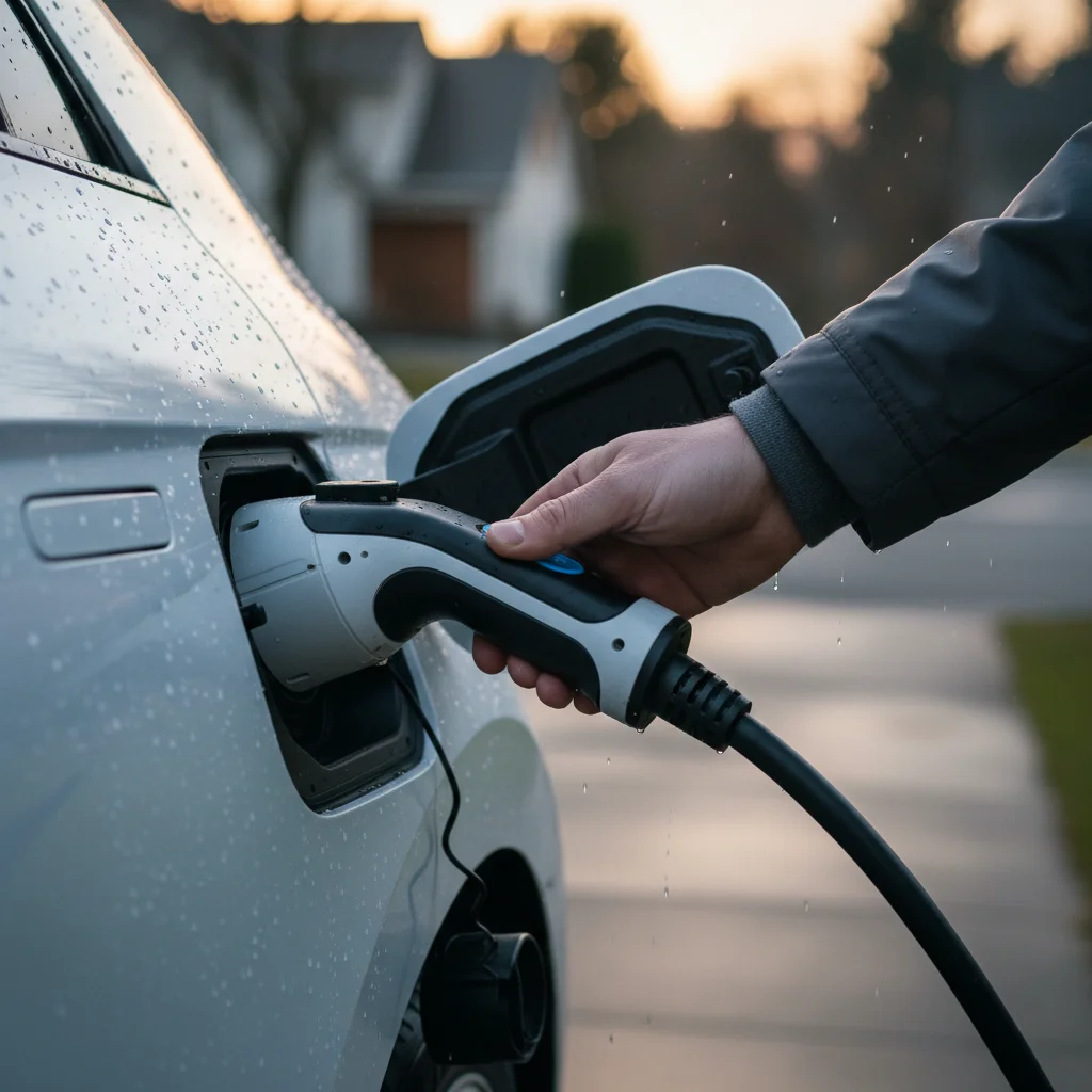 A hand gripping a locked CCS connector on a Hyundai Ioniq 5 charge port in bright sun.