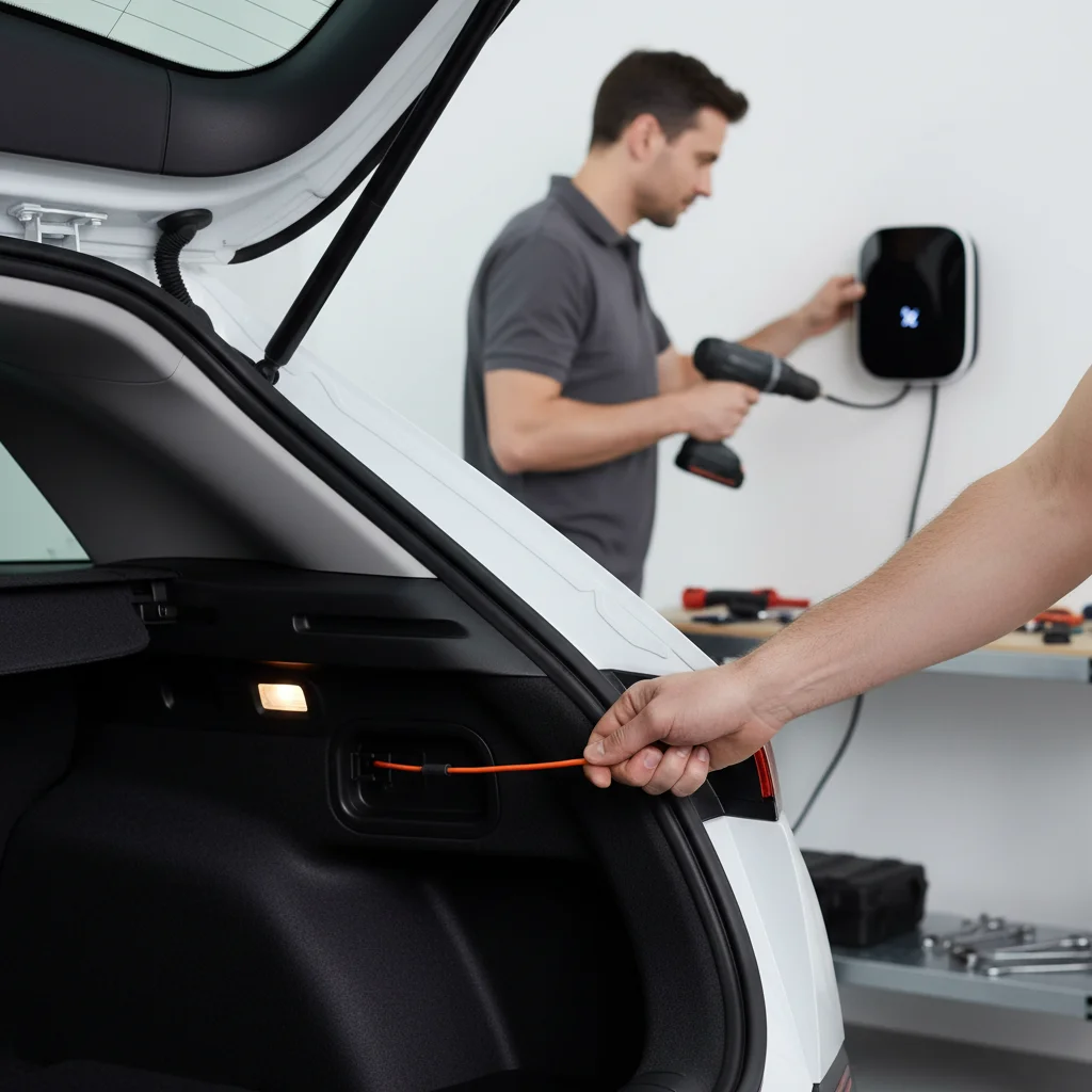 A hand pulling a small release loop inside an EV cargo liner beside a tail-lamp panel.