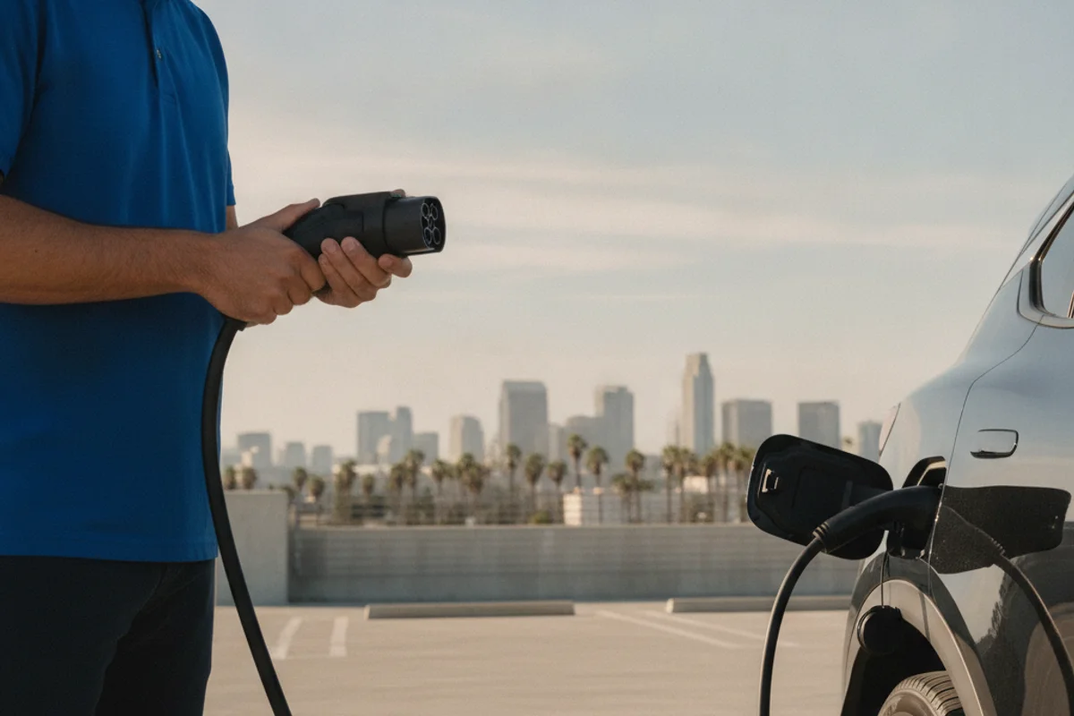 Technician inspecting charging-connector pins beside an electric crossover on a parking-structure roof
