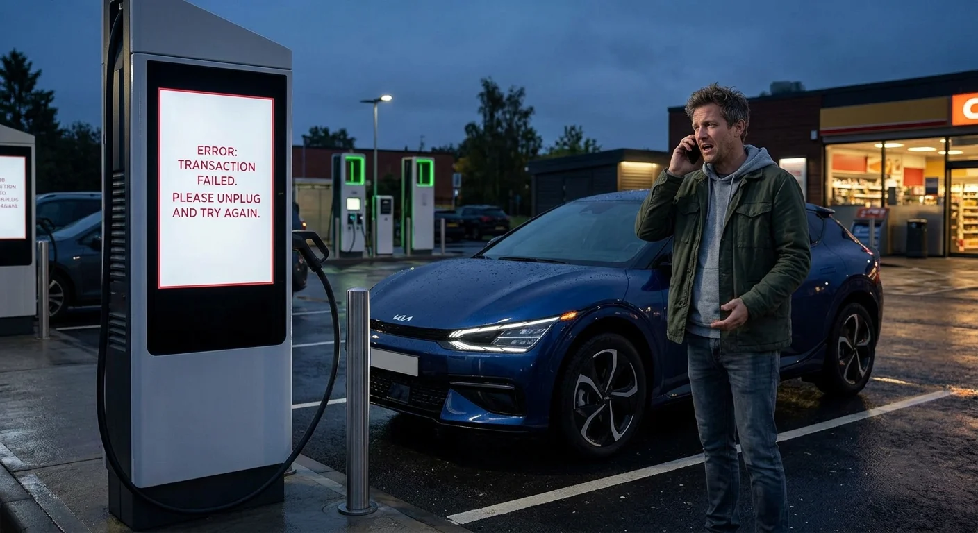 A Kia EV6 at a public charging stall at dusk, with a charge-fault message on the dash