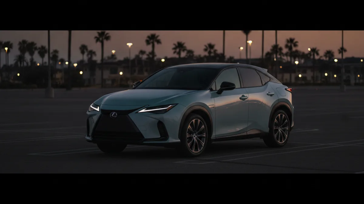 Electric crossover parked in a dim lot at dusk with a dark, unlit dashboard
