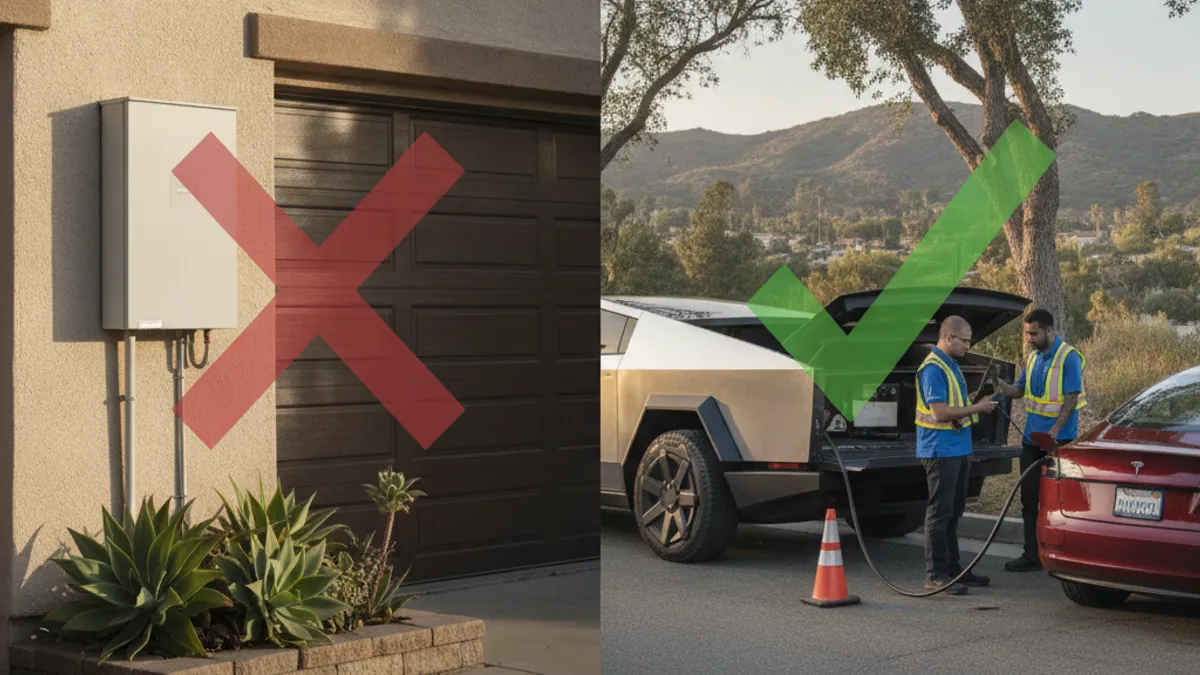 A wall-mounted home battery on a stucco garage wall beside a dry inland driveway