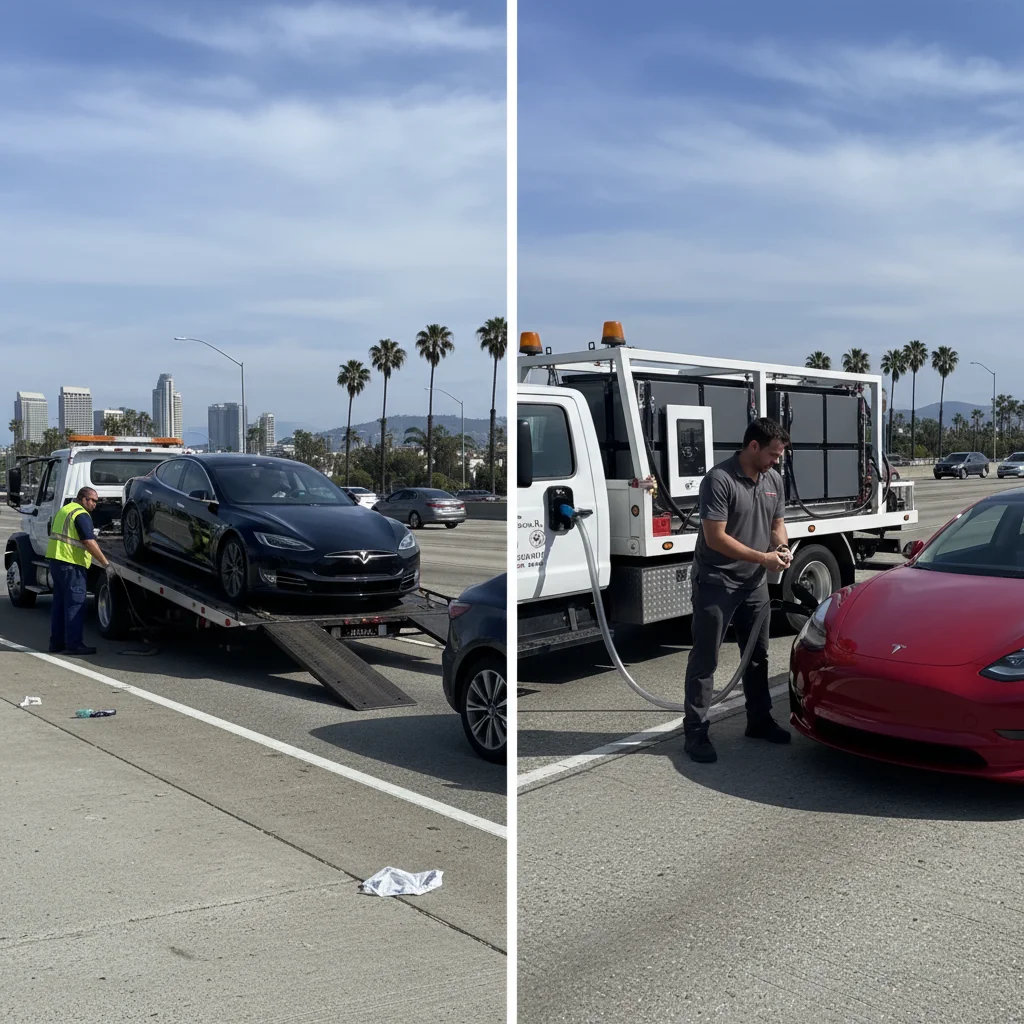 Split-frame photo of a flatbed loading an EV and a mobile charger plugged into a car on a freeway shoulder