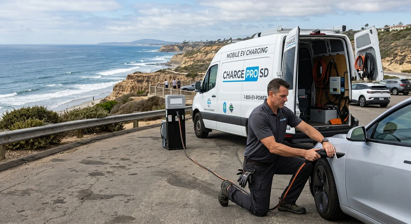 A mobile charging van hooked to an electric car at a roadside overlook under open sky.