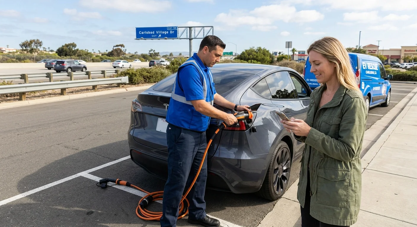 An electric vehicle parked on a paved freeway shoulder beside an off-ramp in afternoon sun