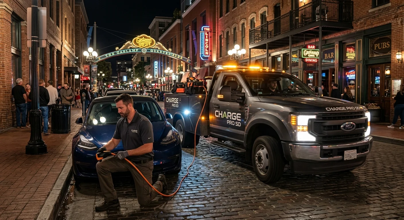 A compact van parked on a palm-lined downtown street beside a dark EV at the curb