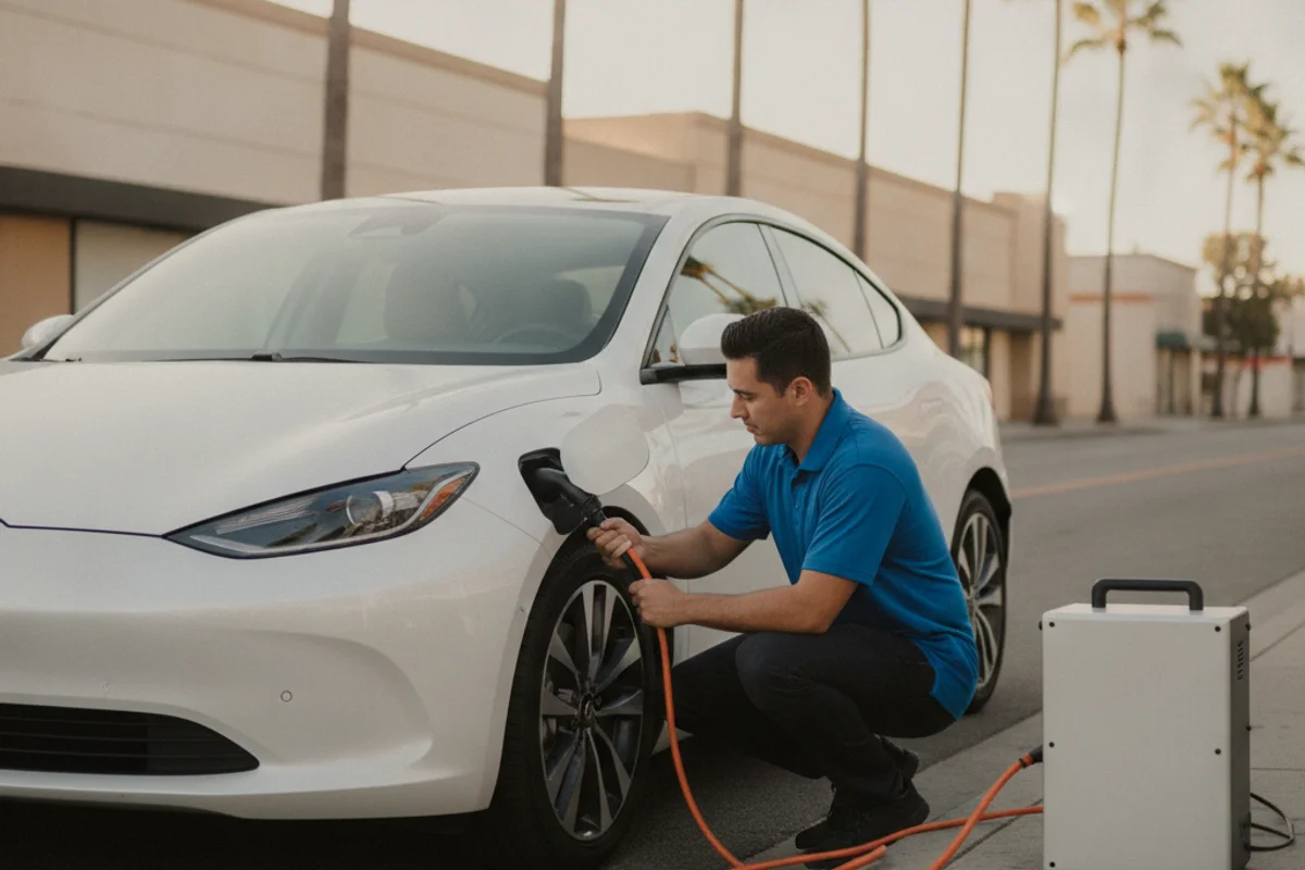 A technician plugging a portable charger into an EV stopped at a curb
