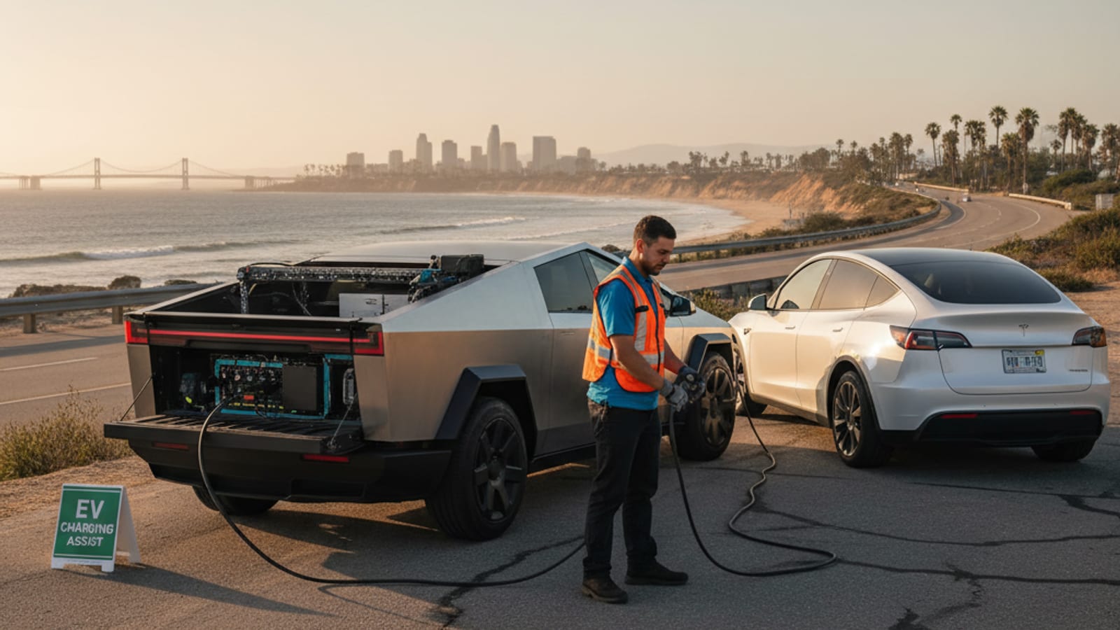 Electric car stopped on a wide inland freeway shoulder with dry hills behind it