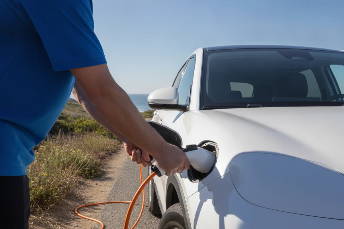 A technician seating a charging connector into an electric crossover charge port on a roadside