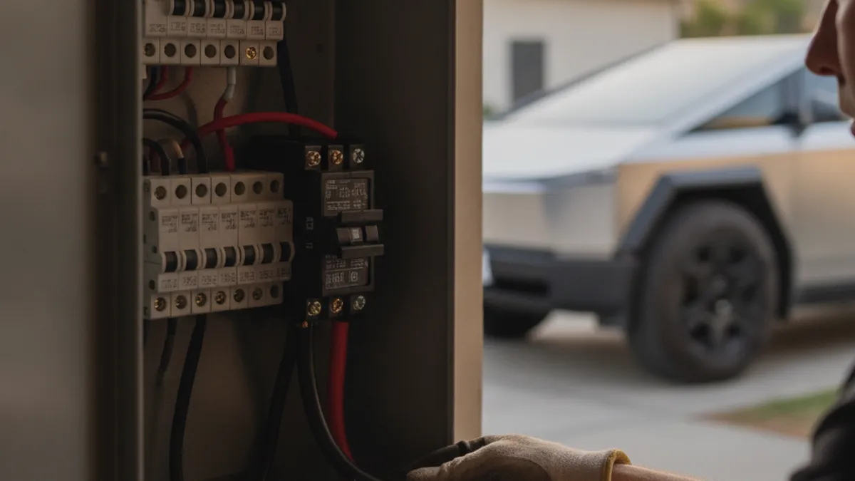An electrician's hands inside an open residential electrical panel with a 240-volt breaker visible