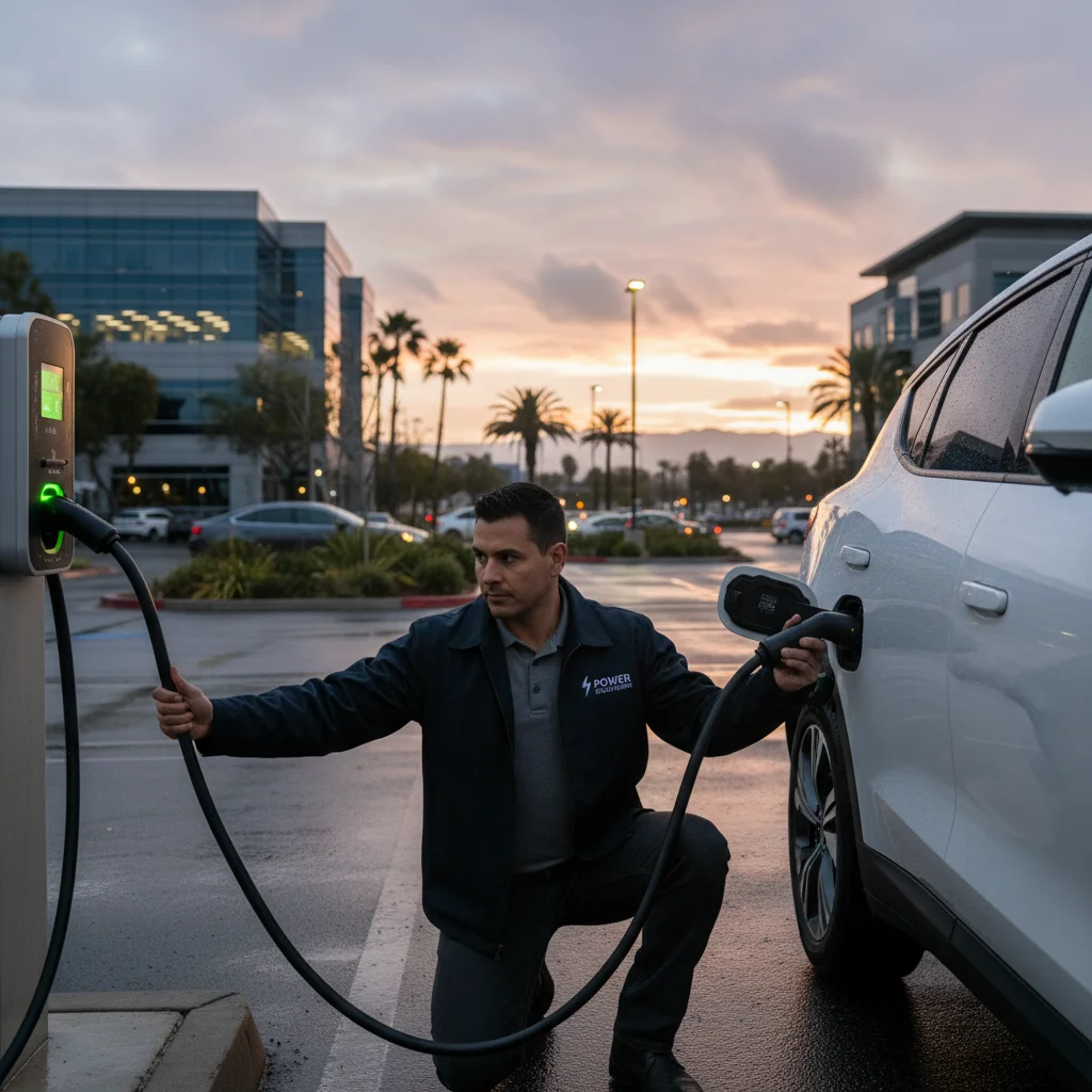 A technician plugging a mobile charger into an EV beside an open warehouse row