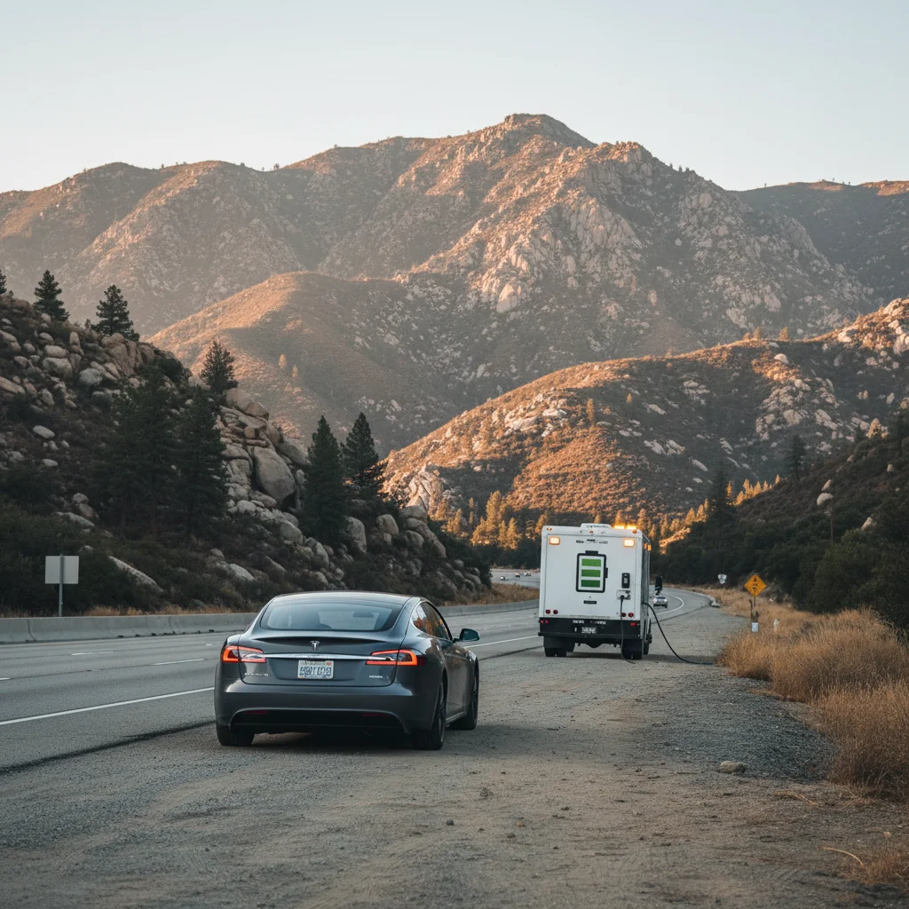 An electric car stopped on a desert highway shoulder under a wide, empty sky