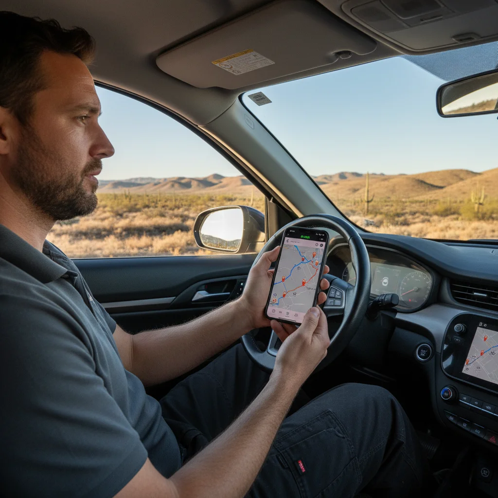 A driver standing beside an EV on a two-lane desert road, checking a phone