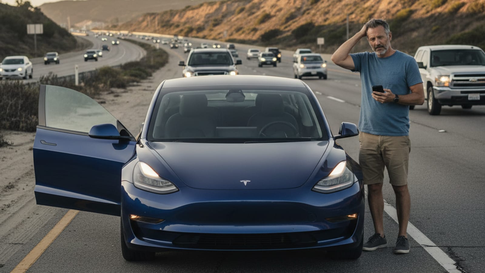 Hazard lights on an EV stopped on a wide freeway shoulder as traffic continues in the lanes
