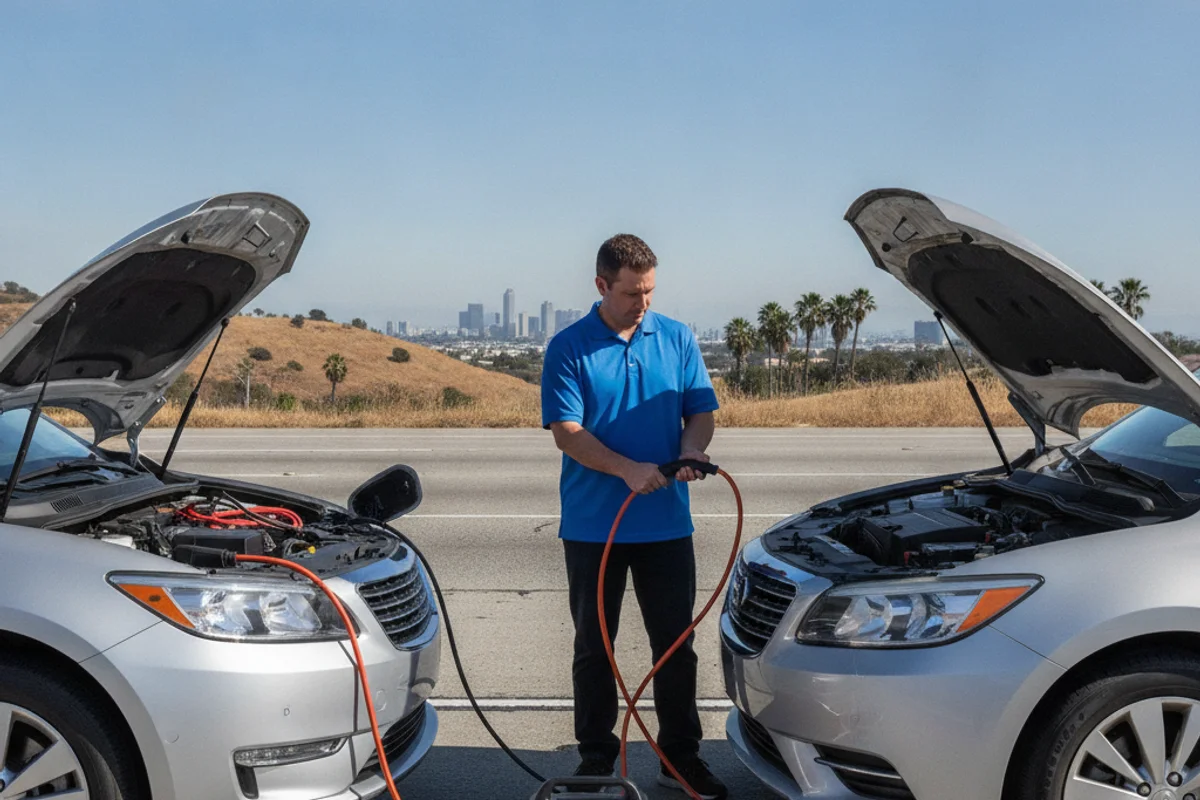 Two cars parked nose to nose at the roadside with hoods raised and jumper cables running between them