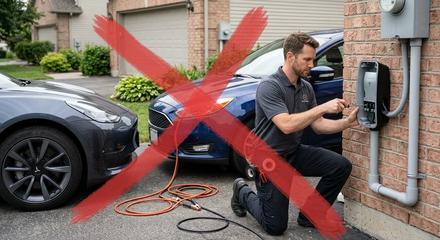 Tesla and a gas car parked nose to nose with jumper cables on the ground and a red X over the scene