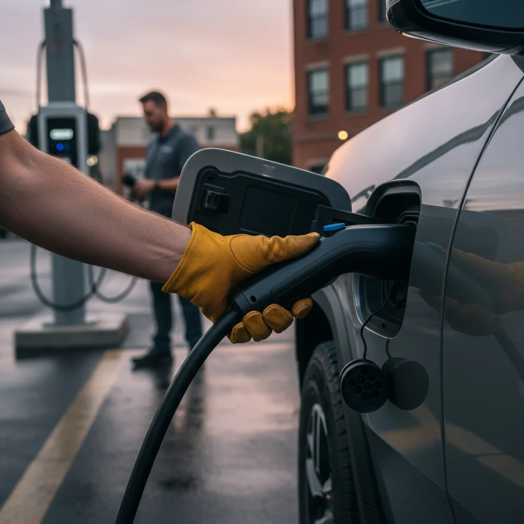 Pickup EV at an outdoor DC cabinet in dry Southern California light, a driver reaching for the locked charge handle
