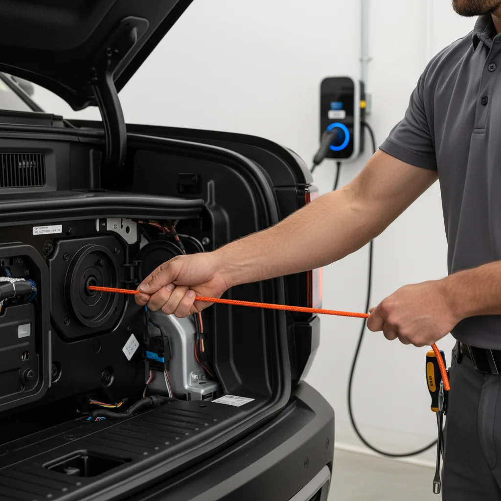 Open EV front trunk in daylight, a hand pulling a tagged manual charge-port release loop