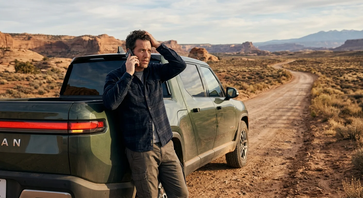 Rivian pickup parked on a dry inland shoulder with scrub, hills, and a bright sky