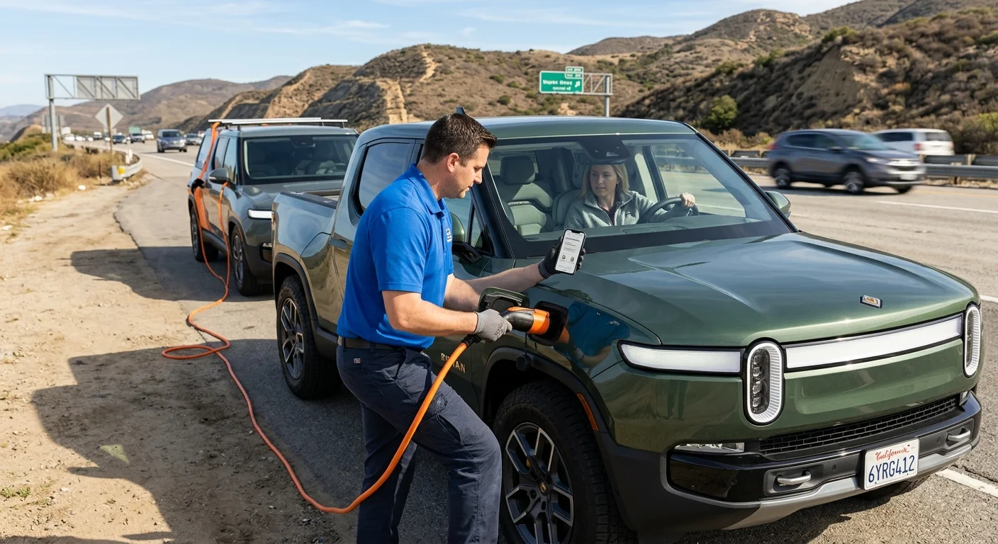 A driver in an electric pickup checks a phone beside a dry Southern California roadside