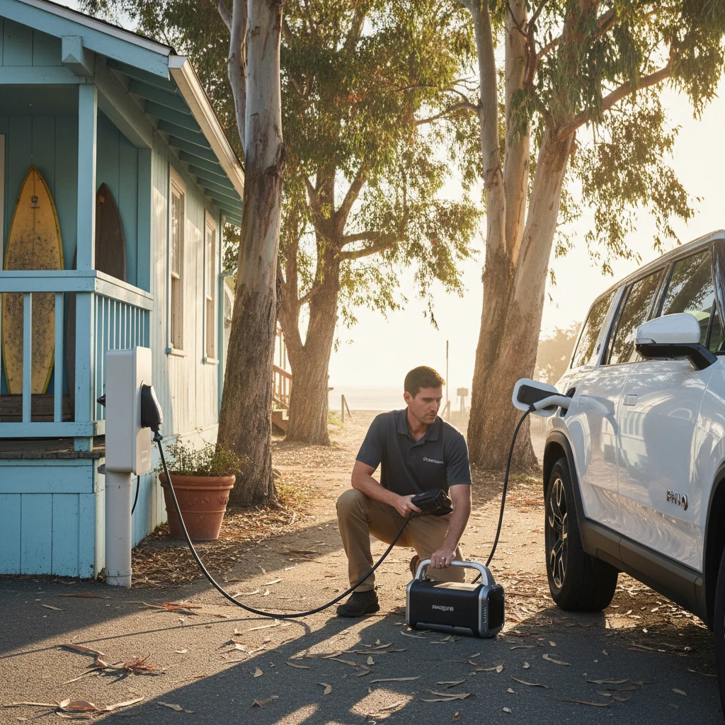 A charging cable plugged into an EV at a dusty inland roadside pull-off.