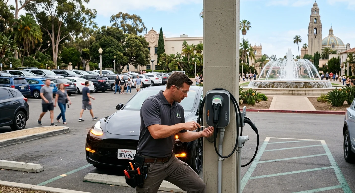 An electric car with hazard lights on in a crowded outdoor parking lot in bright sun