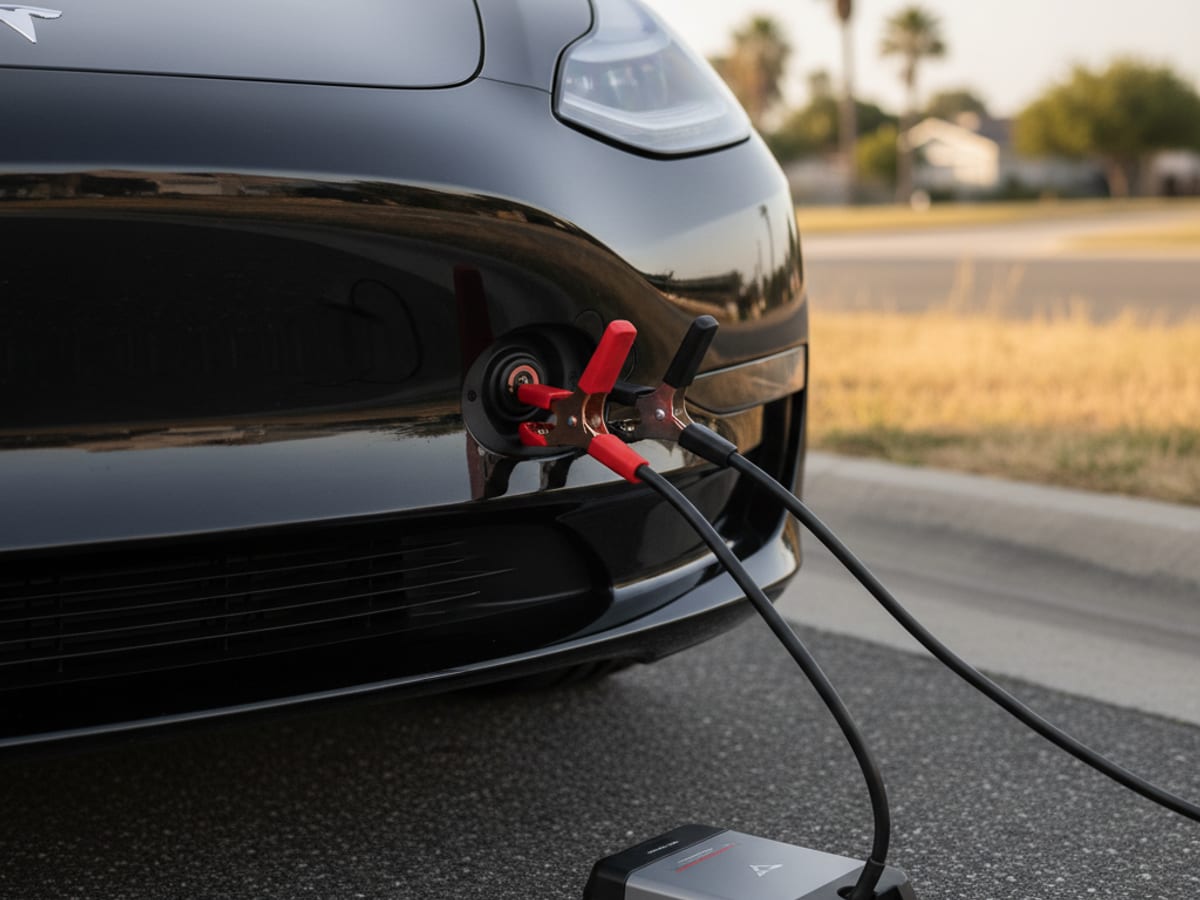 Portable 12V jump pack with red and black leads clipped to Tesla front bumper jump terminals