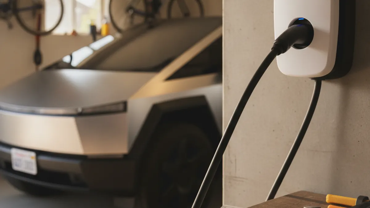 A printed electric bill beside a Tesla charging cable plugged into a home wall connector in a sunlit garage