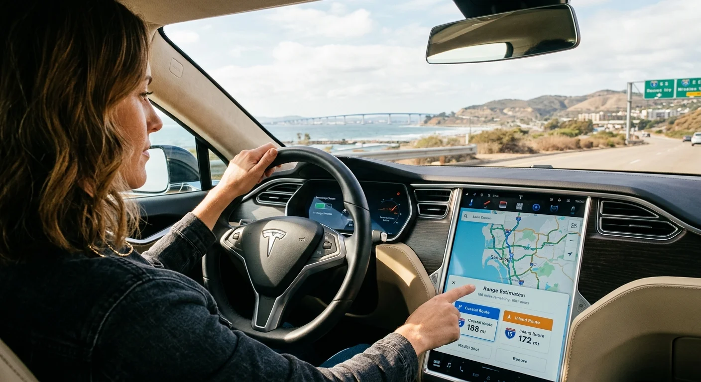 A Tesla on a Southern California freeway as the driver checks remaining charge on the dash