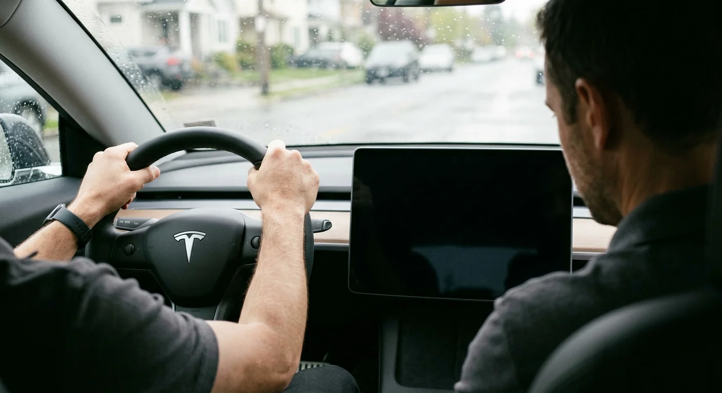 Tesla Model 3 dash with a blank dark screen and a driver's hands on the wheel