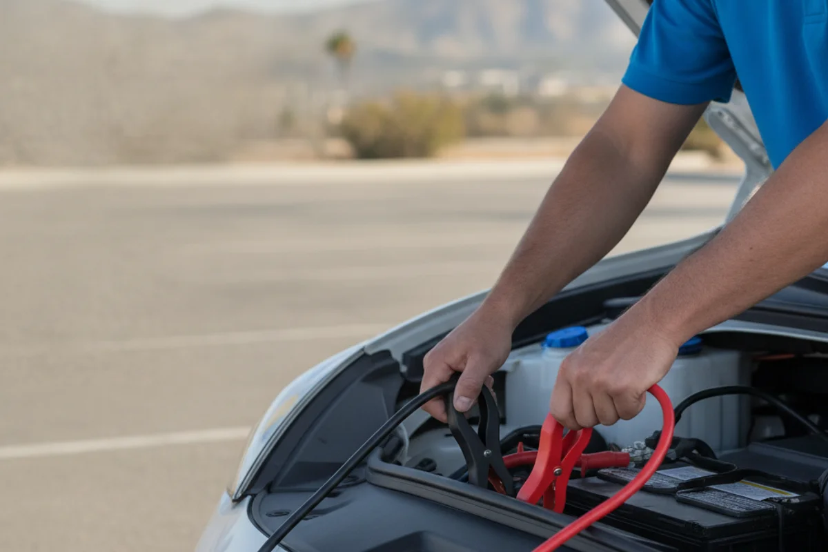 Hands clipping jumper cables onto 12-volt posts in an open EV front trunk