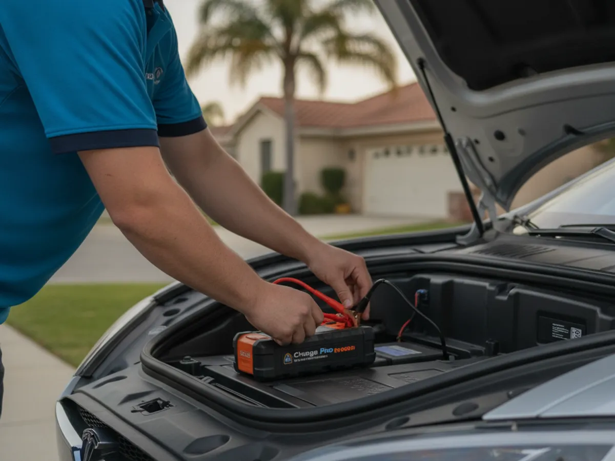 Person in an electric-blue polo connecting a lithium jump pack to the 12V battery inside an open Tesla Model S frunk in a driveway