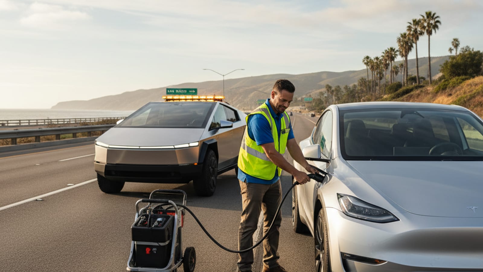 White Tesla on a freeway shoulder with dry hills and a metal guardrail in late-afternoon sun