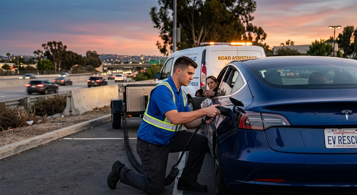 White Tesla on a freeway shoulder at dusk with hazard lights on