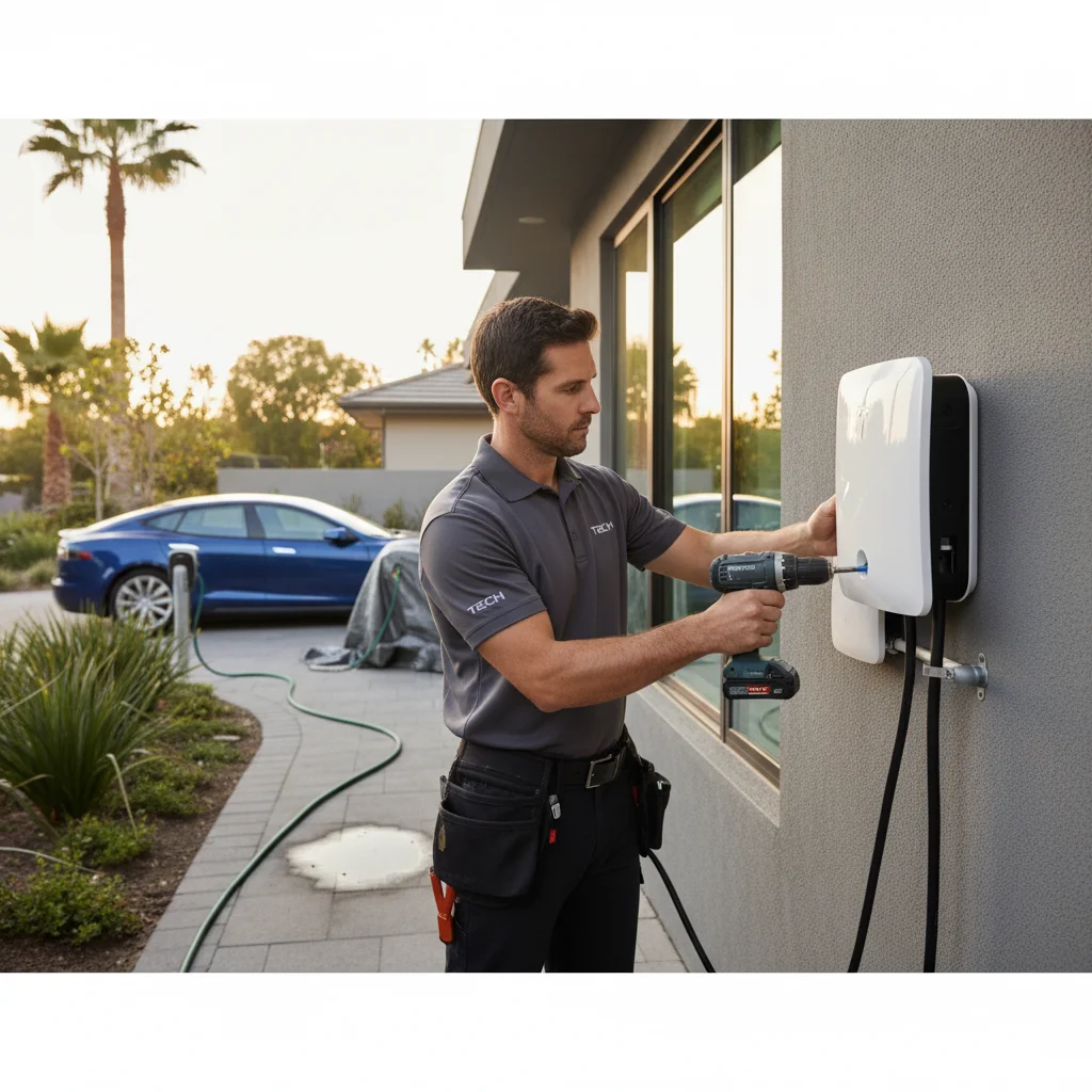Tesla sedan on a sunny suburban street with a technician at the open front trunk