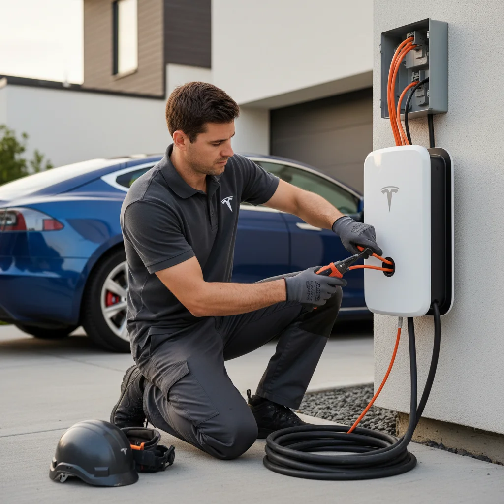 Flatbed tow beside an electric car and a van with a charging cable connected