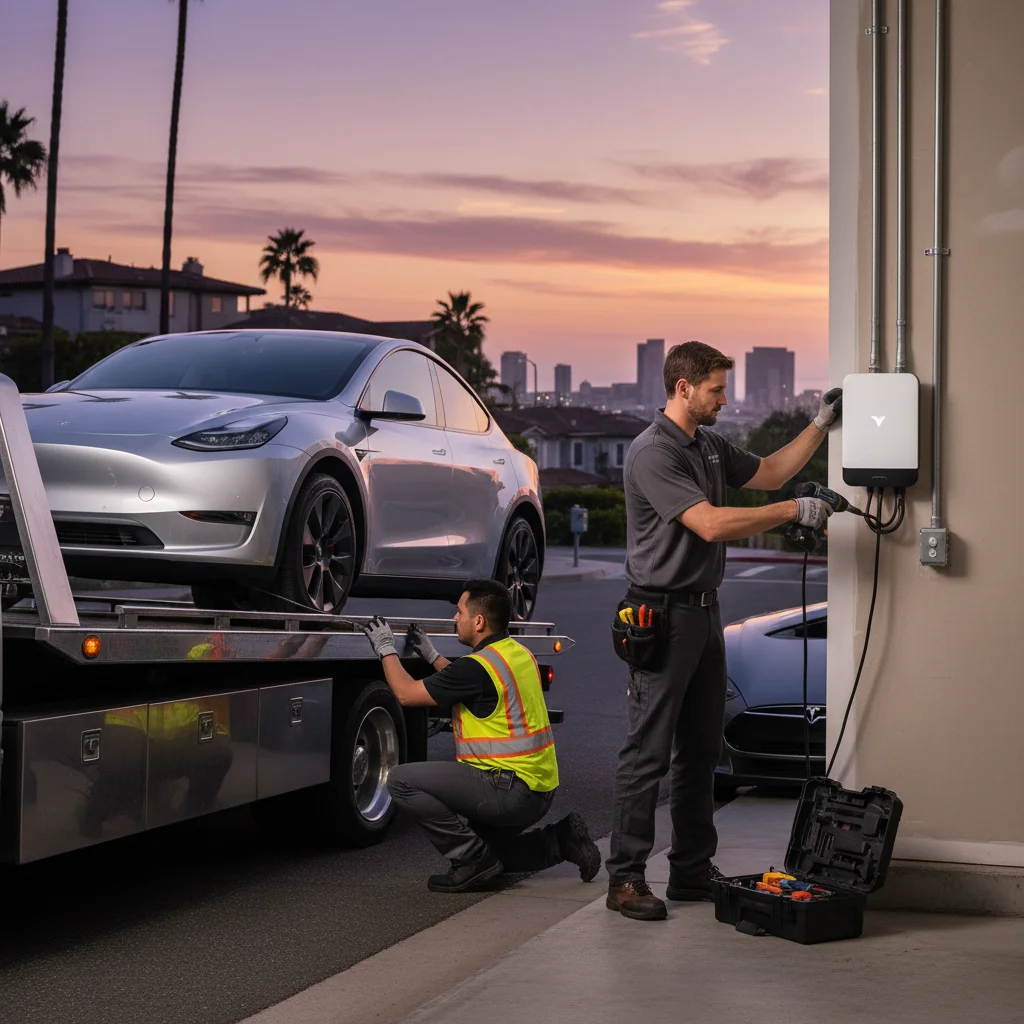 A flatbed tow truck winching a dark Tesla onto the bed at dusk on a freeway shoulder
