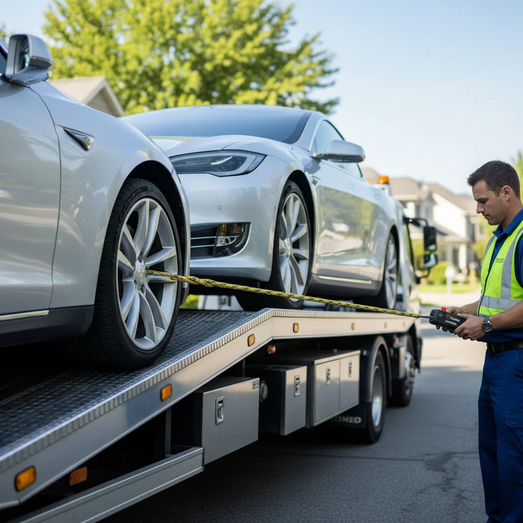 Close-up of a Tesla wheel seated on a flatbed deck with a strap across the tire