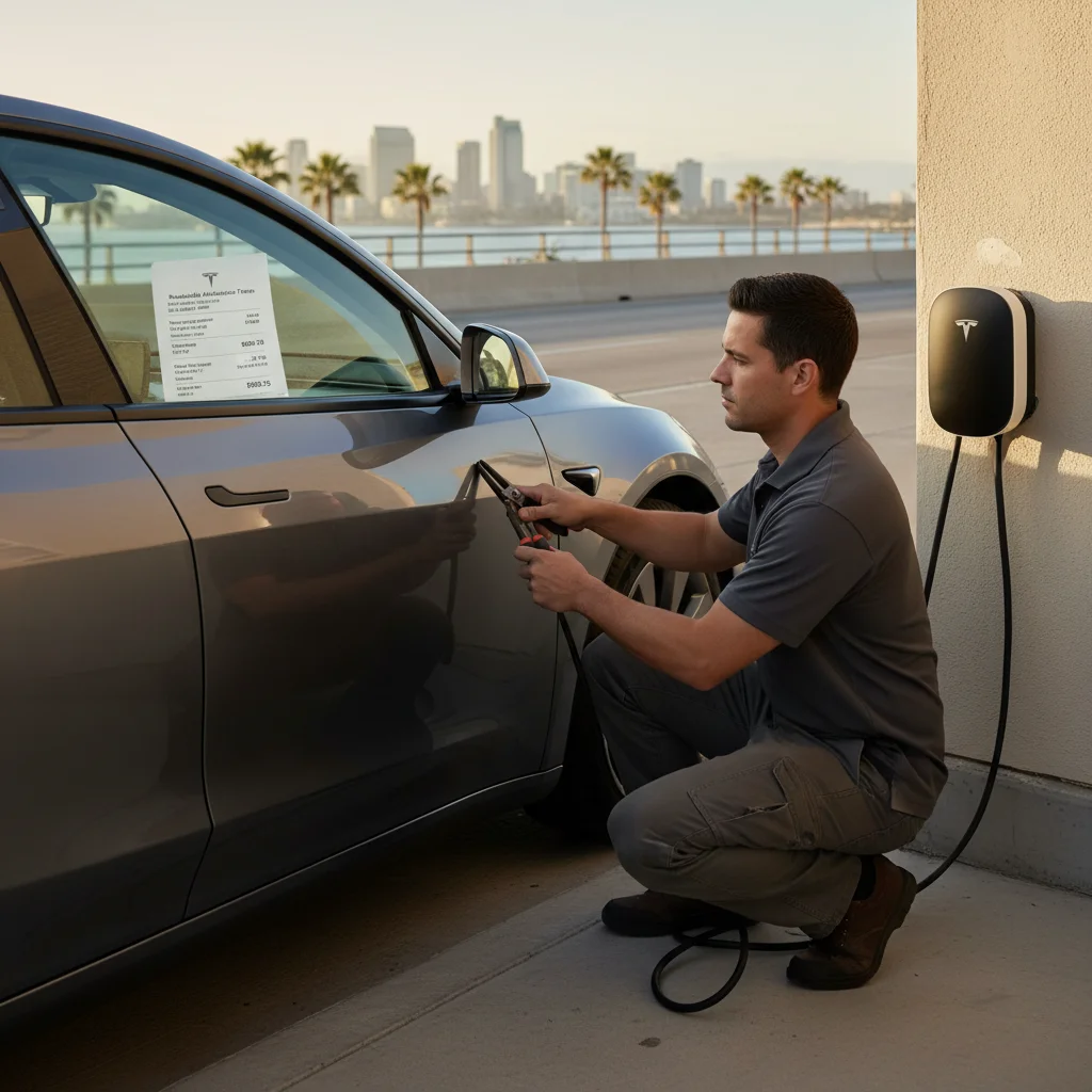 A Tesla SUV on a Southern California freeway shoulder with paperwork on the passenger seat