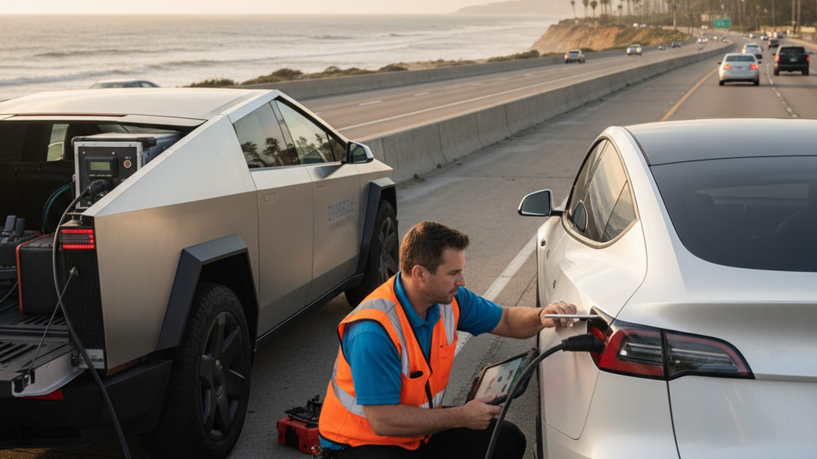 A white Tesla on a dry inland freeway shoulder with hazard lights on and brown hills behind it