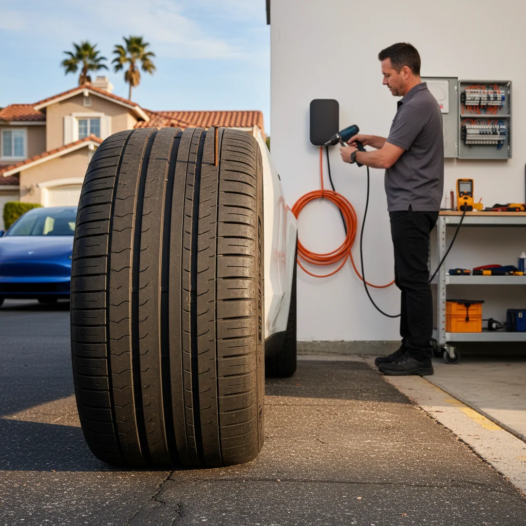 Close-up of a Tesla rear tire with a nail in the tread, parked on a suburban street
