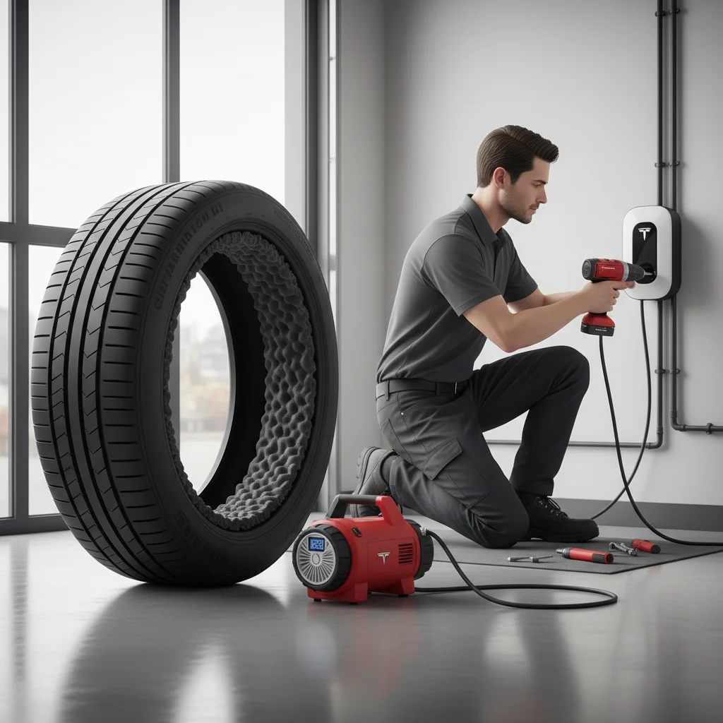 Acoustic foam-lined Tesla tire beside a portable inflator kit on a shop floor