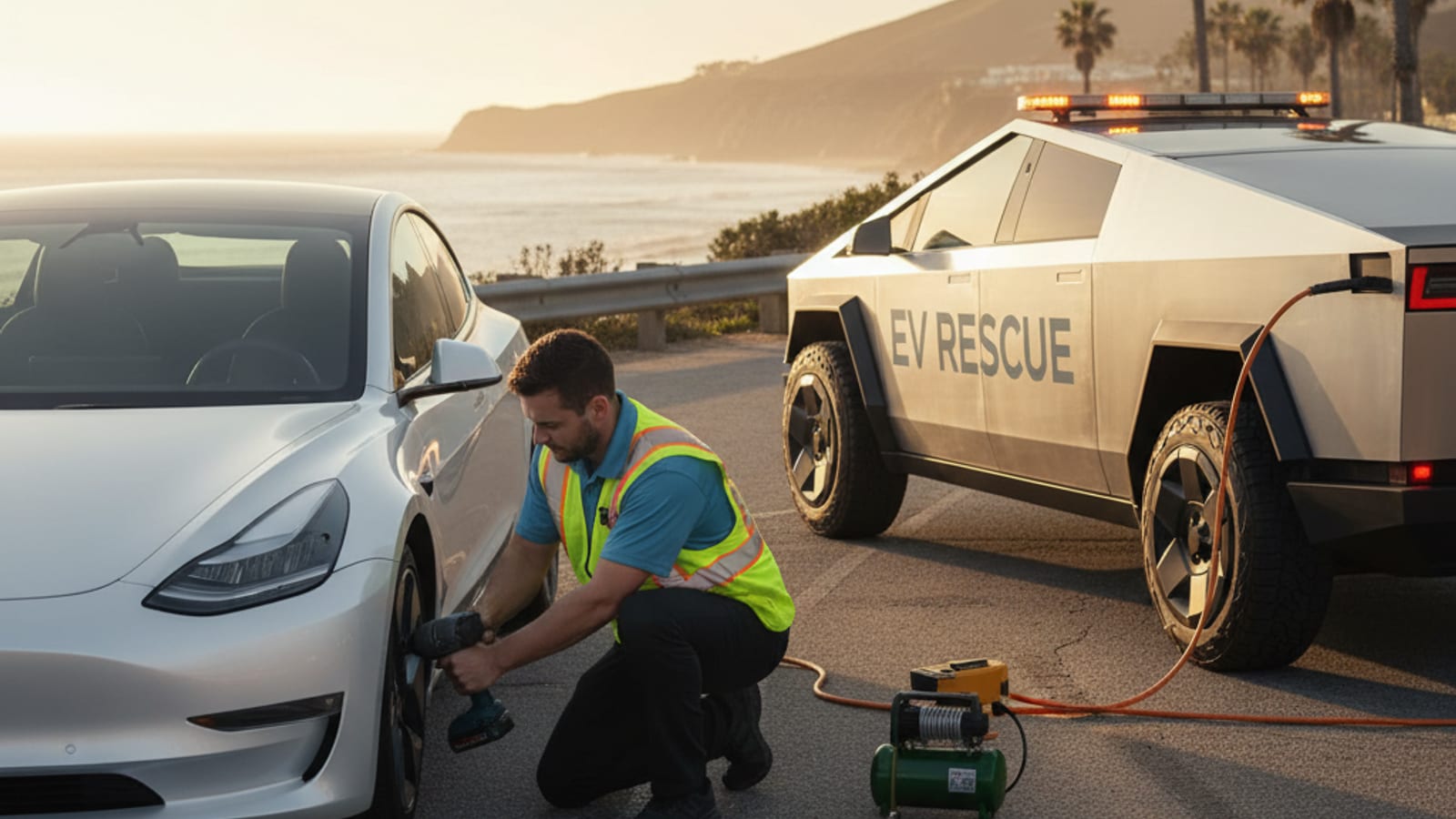 Tesla on a Southern California freeway shoulder with a visibly low rear tire in late-afternoon light