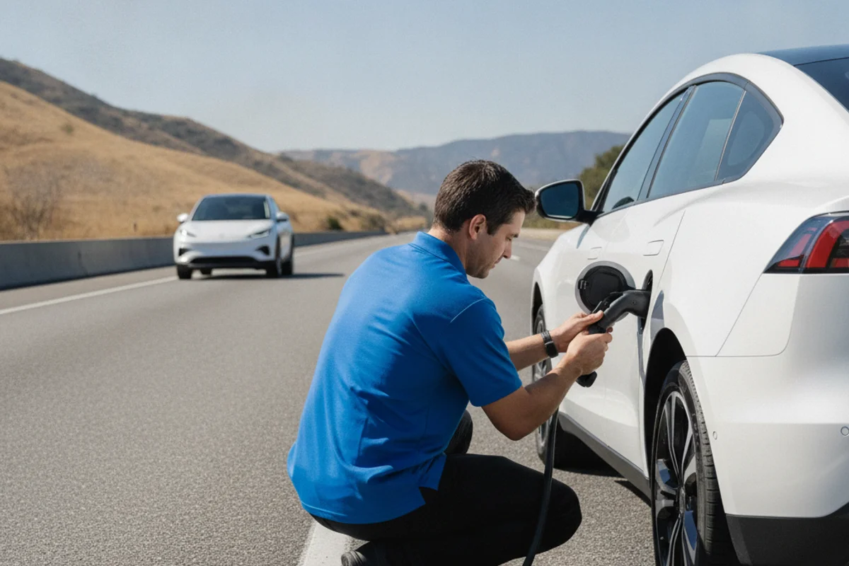 A mobile charger hooked to an EV on a wide inland shoulder, with dry hills and a second car behind
